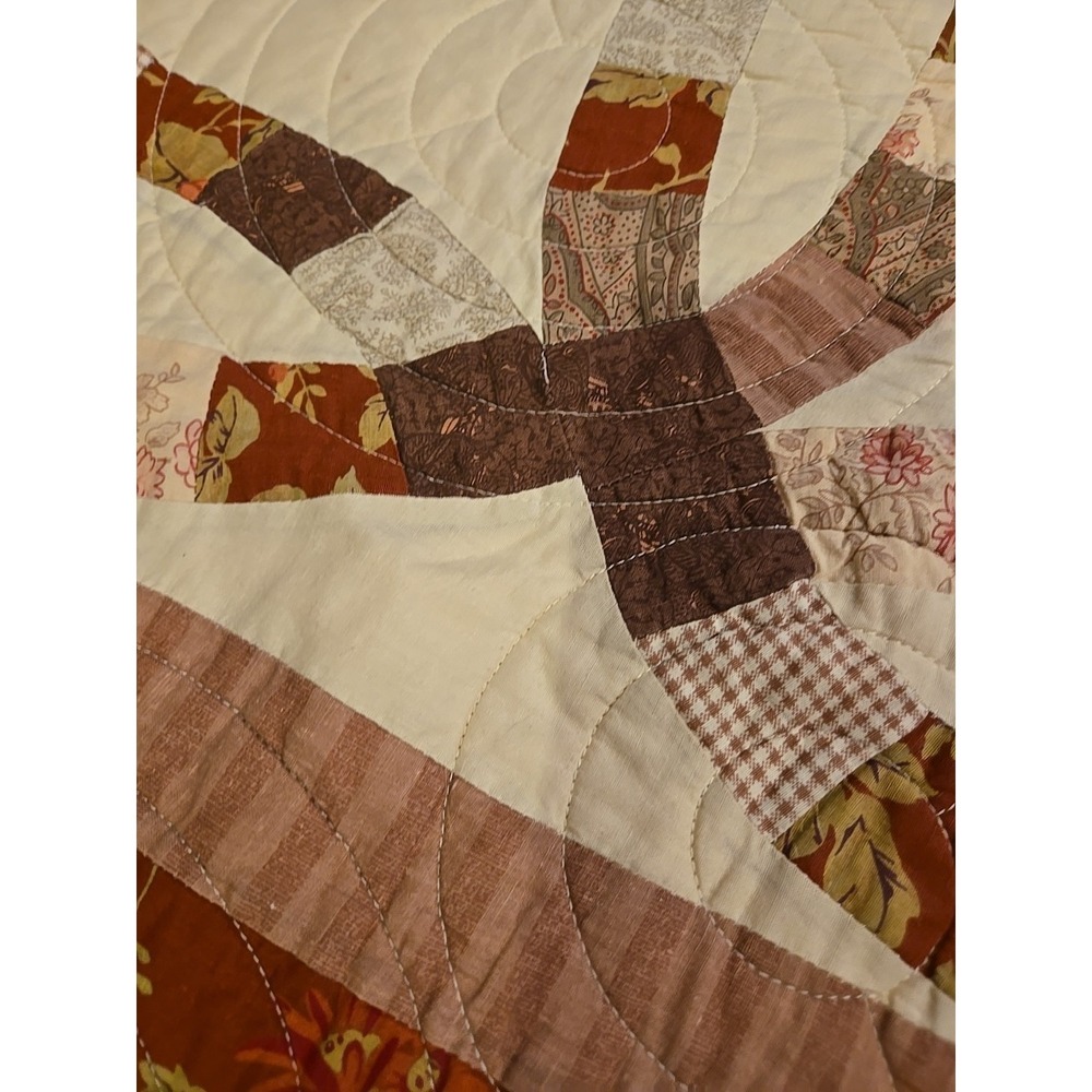 Vintage Double Wedding Ring Quilt Burgundy Red Floral 83 X 68 Handmade Embroider - Picture 6 of 12